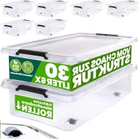 LTPRTZ Cajas de almacenamiento con ruedas - Contenedores apilables - Para organizar en casa - Transparentes, libres de BPA - 6 unidades de 30 litros - Blancas
