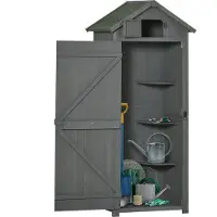 Novavision Armario de jardín, caseta de jardín, cobertizo para herramientas, cobertizo con estanterías, techo de asfalto, ventanas, madera, color gris y verde, dimensiones: 77 x 54,2 x 179 cm