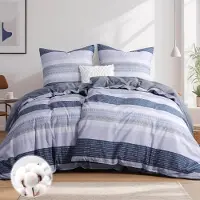 Merkloos Juego de funda de edredón de algodón de 135 x 200 cm con 2 fundas de almohada de 80 x 80 cm, a rayas grises y azules, y reversible