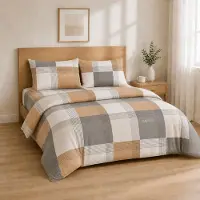 Merkloos Juego de sábanas de microfibra cepillada con estampado de cuadros en tonos beige y gris, disponible en medidas 160x200+30 y 240x280, e incluye 2 fundas de almohada de 50x80 cm