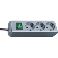 Brennenstuhl Regleta de enchufes Eco-Line, con interruptor, 3 enchufes, color gris plateado, 1,5 metros, cable H05VV-F 3G1,5, referencia 1152340015