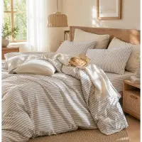Merkloos Juego de funda de edredón de algodón, 135x200 cm, a rayas beige, con cierre de cremallera e incluye funda de almohada de 80x80 cm