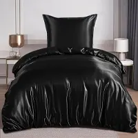 Merkloos Funda de edredón de satén, 140 x 200 cm, con funda de almohada, color negro, con cierre de cremallera