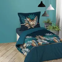 Merkloos Juego de ropa de cama de algodón azul con estampado floral, de 2 piezas: funda de edredón de 140 x 200 cm y funda de almohada de 63 x 63 cm