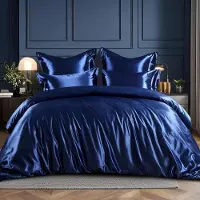 Merkloos Juego de funda de edredón de satén, color azul oscuro, con cierre de cremallera, de 200 x 200 cm, e incluye 2 fundas de almohada de 80 x 80 cm