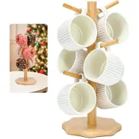 LTPRTZ Soporte para tazas - Estante para tazas - Organización de la cocina - Ganchos inclinados - 6 ganchos - Color madera