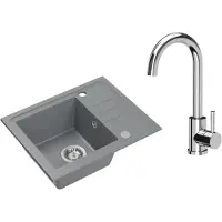 VBChome Fregadero de granito gris con grifo, 55 x 44 cm, lavabo individual, encimera, diseño moteado, reversible, fregadero de granito, sifón, lavabo, grifo de cromo
