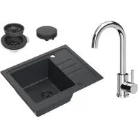 VBChome Lavabo de granito negro para encastrar, modelo , con grifo, de 55 x 44 cm, de un solo seno, con diseño moteado, reversible, lavabo de granito negro, con sifón