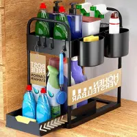 LTPRTZ Estante para lavabo - Organizador de cocina - Almacenamiento que ahorra espacio - Altura ajustable - Tamaño flexible - Negro