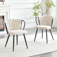 Ninkear Juego de dos sillas de comedor, tapizadas en terciopelo, con respaldo trenzado y patas de metal (color beige)