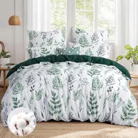 Merkloos Juego de funda de edredón de 200 x 200 cm, de algodón, color verde oscuro con motivos de plantas, compuesto por 3 piezas: una funda de edredón y 2 fundas de almohada de 80 x 80 cm