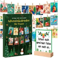 Merkloos Calendario de Adviento 2025 para parejas: 24 tarjetas, sujetadores de madera, calendario de mesa, decoración de pared, para fomentar conversaciones románticas, calendario para parejas