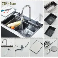 StarTech.com Fregadero de cocina - Doble seno - Modelo 7546 - Acero inoxidable - Montaje bajo encimera - Acabado cepillado - 4 orificios con grifo de caño alto y pantalla digital - Gris