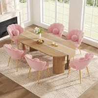 Merax Juego de 6 sillas de comedor , estilo "concha" con tapicería de bouclé, sillas acolchadas con cojines de perlas, patas de metal doradas, ideales para dormitorios y comedores, color rosa