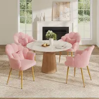 Merax Juego de 4 sillones tapizados con respaldo en forma de pétalo, sillones de estilo bouclé con reposabrazos, cojines acolchados y patas de metal doradas, color rosa