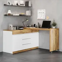 Merax Escritorio con mueble auxiliar sobre ruedas, tablero de 4 cm de grosor, escritorio en esquina con 6 cajones y 2 compartimentos de almacenamiento, color blanco y tono natural