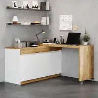 Merax Escritorio con cajonera móvil, tablero giratorio de 4 cm, escritorio de esquina con 3 cajones y 3 puertas, aparador, color blanco y natural
