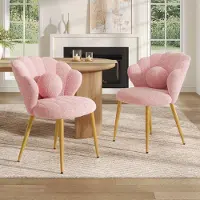 Merax Juego de 2 sillas de comedor , estilo "concha" con tapicería de bouclé, sillas acolchadas con cojines de perlas, patas de metal doradas, ideales para dormitorios y comedores, color rosa
