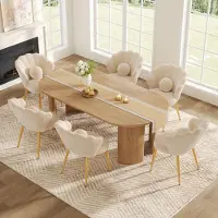 Merax Juego de 6 sillas de comedor , estilo "concha" con tapicería de bouclé, sillas acolchadas con cojines de perlas, patas de metal doradas, ideales para dormitorios y comedores, color beige