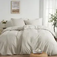 Merkloos Juego de funda de edredón de 135x200 cm con 2 fundas de almohada de 80x80 cm, con aspecto de lino, color natural