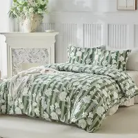 Merkloos Juego de funda de edredón de microfibra para cama de matrimonio, color verde con estampado de hortensias, de 240 x 220 cm, incluye dos fundas de almohada de 50 x 80 cm