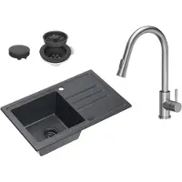 VBChome Lavabo de granito negro con grifo, 70 x 44 cm, lavabo individual encimera, con vetas, reversible. Lavabo de granito negro, con sifón, grifo de acero inoxidable con caño extensible