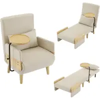 ALFORIGO Sillón reclinable 3 en 1 para 1 persona, sillón plegable con función de cama, respaldo ajustable en 6 posiciones, bandeja de madera giratoria de 360°, cojín, funda con aspecto de lino