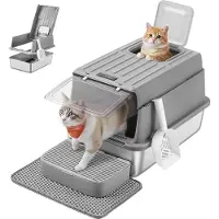 Feandrea Arenero para gatos , de acero inoxidable, con tapa, pala y alfombrilla absorbente, color gris paloma