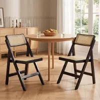 Merkloos Juego de 2 sillas plegables para comedor con respaldo de ratán, estructura de madera maciza, color negro