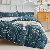 Merkloos Juego de ropa de cama para cama de matrimonio, de 3 piezas, de microfibra con motivos de ramas y hojas en color azul marino y blanco
