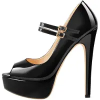 Merkloos Zapatos de tacón de aguja con plataforma y tacón de 15 cm, con hebilla, color negro brillante