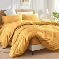 Merkloos Juego de fundas de edredón tamaño King en color ocre, de 3 piezas, fabricado en microfibra cepillada con cierre de botones