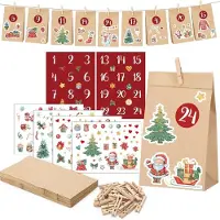Merkloos Calendario de Adviento para llenar - 24 bolsitas de papel - 24 pinzas de madera - 24 pegatinas numeradas - Papel kraft marrón