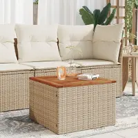 Merkloos Mesa de jardín beige de polirrotán con estructura de madera de acacia