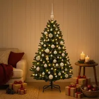 Syfax Árbol de Navidad artificial verde oscuro con bolas 150 cm
