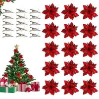 Markenlos Flores navideñas, purpurina, poinsettias, 15 unidades, 14 x 14 cm, adornos, árbol de Navidad, flores, rojo, dorado, plateado, poinsettias para el árbol