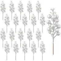 Merkloos Bayas plateadas artificiales ramas de acebo - 20 unidades - 19 cm - Ramas de bayas plateadas para decoración navideña - Decoración de Navidad - Para árbol, corona y centro de mesa