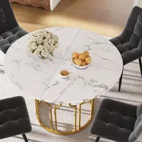 LTPRTZ Mesa de comedor redonda - Mesa de cocina - Juntos Comida - Marmol look Sheet - 100 x 100 x 76 cm - Oro Blanco