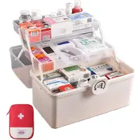 Merkloos Caja organizadora PP con tapa y compartimentos - Transparente y blanco - 34 x 19 x 21,5 cm - Con asa y cierre - Para medicamentos y costura