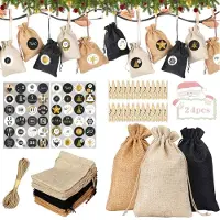 Merkloos Bolsas de yute, 24 unidades - Calendario de Adviento - Bolsitas para regalos - Bolsitas de tela - Cuerda de yute - Clips de madera - 10 x 14 cm