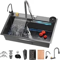 LTPRTZ Lavavajillas - Set de fregadero - Menaje de cocina - Grifo de cascada extensible - 70x50cm - Negro