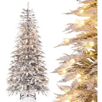 Costway Árbol de Navidad artificial , 210 cm, con efecto de nieve, con 350 luces LED blanco cálido, 8 modos de iluminación, 710 puntas de ramas de polietileno y 85 piñas