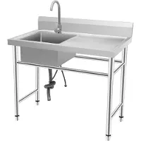 Markenlos Lavabo de acero inoxidable de 201, tipo independiente, para uso comercial, con encimera y grifo de agua fría y caliente. Lavabo portátil para uso en interiores y exteriores, ideal para camping