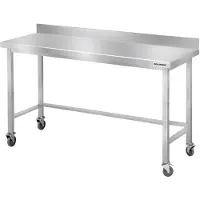 GOLDINOX Mesa de trabajo de acero inoxidable para bares, dimensiones 1400x700 mm, con refuerzo y protector trasero, sobre ruedas, calidad PREMIUM -