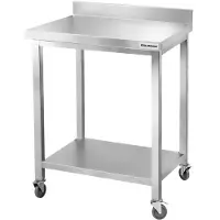 GOLDINOX Mesa de trabajo de acero inoxidable, modelo Bar, de 800 x 500 mm, con 1 estante inferior y protector trasero, sobre ruedas, PREMIUM -