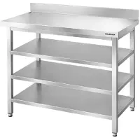 GOLDINOX Mesa de trabajo de acero inoxidable para bares, dimensiones 1200x500 mm, con 3 estantes inferiores y protector trasero PREMIUM -
