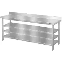 GOLDINOX Mesa de trabajo de acero inoxidable, modelo Bar, de 2000 x 600 mm, con 3 estantes inferiores y protector trasero PREMIUM -