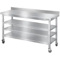 GOLDINOX Mesa de trabajo de acero inoxidable para bares, dimensiones 1500x500 mm, con 3 estantes inferiores y protector trasero, sobre ruedas. Marca: (calidad PREMIUM)