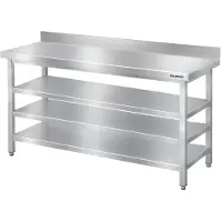 GOLDINOX Mesa de trabajo de acero inoxidable para bares, dimensiones 1600 x 500 mm, con 3 estantes inferiores y protector trasero PREMIUM -