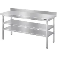 GOLDINOX Mesa de trabajo de acero inoxidable para bares, dimensiones 1600 x 500 mm, con 2 estantes inferiores y protector trasero PREMIUM -